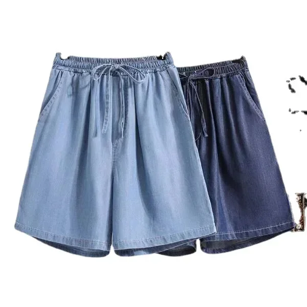 Denim Shorts Women Summer Thin Ice Silk Casual 5-point Pants Loose Wide-leg High-waisted A-line Hot Pants Straight Shorts Jeans