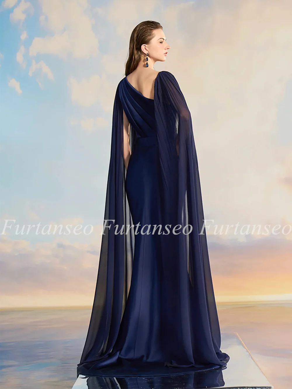 Navy Blue Mermaid Prom Dress with Sleeve Wings Crystal Stones Sweep Train Chiffon Satin Evening Gown Saudi Arab Party Dresses