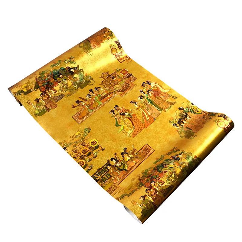 5 Square Meter Riverside Scene in Qingming Festival Gold Foil Golden Wallpaper Hotel Reflective Living Room New Chinese Classica