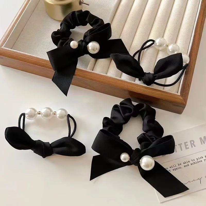 Fashion Imitation Pearl Rhinestone Hair Ties Cute Bowknot Heart Shaped Hair Rope for Women Girls Ponytail Scrunchies Xmas Gifts