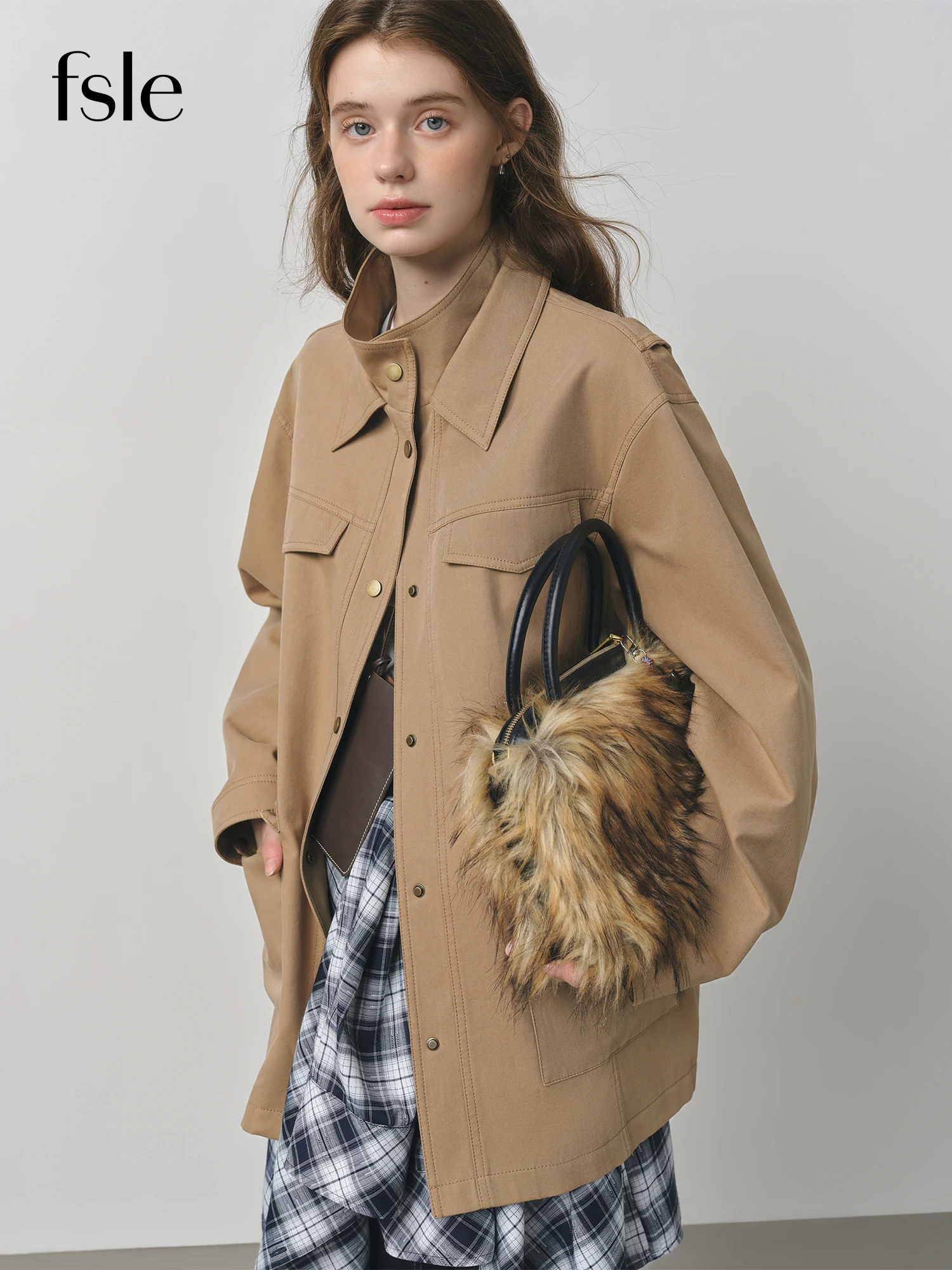 FSLE 2025 New Fall Women Vintage Baren Style Workwear Jacket Oversize Lapel Coat Retro Loose Fit Utility Jacket Outerwear Jacket