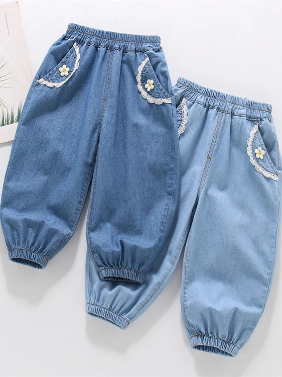 

Ультрамягкие летние новые тонкие джинсовые брюки с защитой от комаров для маленьких девочек, модные и легкие длинные штаны