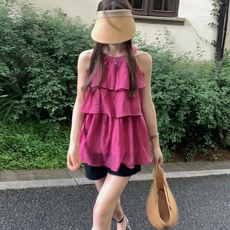 Basic Sleeveless Halter Shirt Women\'s Clothing Fashion Ruffles Spliced Loose French Style Summer Off Shoulder Solid Color Blouse