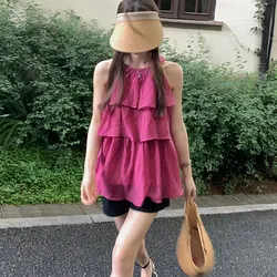 Basic Sleeveless Halter Shirt Women's Clothing Fashion Ruffles Spliced Loose French Style Summer Off Shoulder Solid Color Blouse