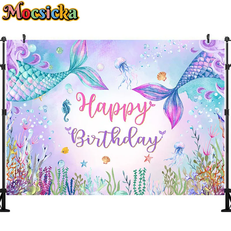 Mocsicka Zeemeermin Prinses Achtergronden Fotografie Baby Meisje Verjaardag Glitters Zeemeermin Staart Photocall Zeebodem Shell Achtergronden