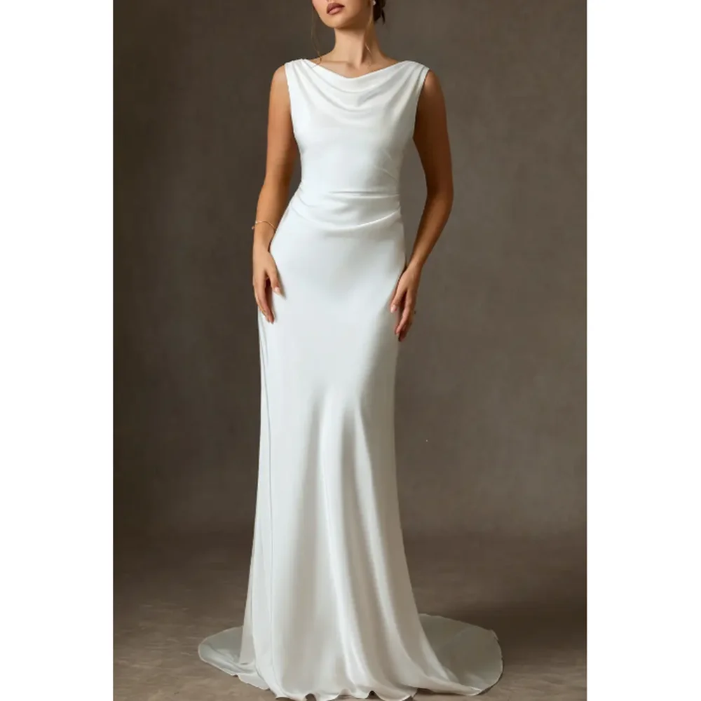 Elegant Sleeveless White  Satin Floor Women Backless Evening Dress  Figure-Hugging Formal Gown for Wedding Party Prom