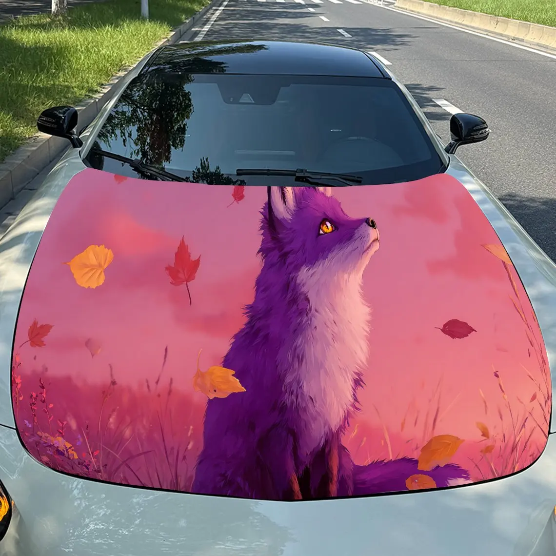 

Розовое небо, фиолетовая лиса, опущенные листья, обертывания на капот автомобиля из ПВХ, самоклеящаяся водонепроницаемая наклейка на капот автомобиля, украшение автомобиля Protec