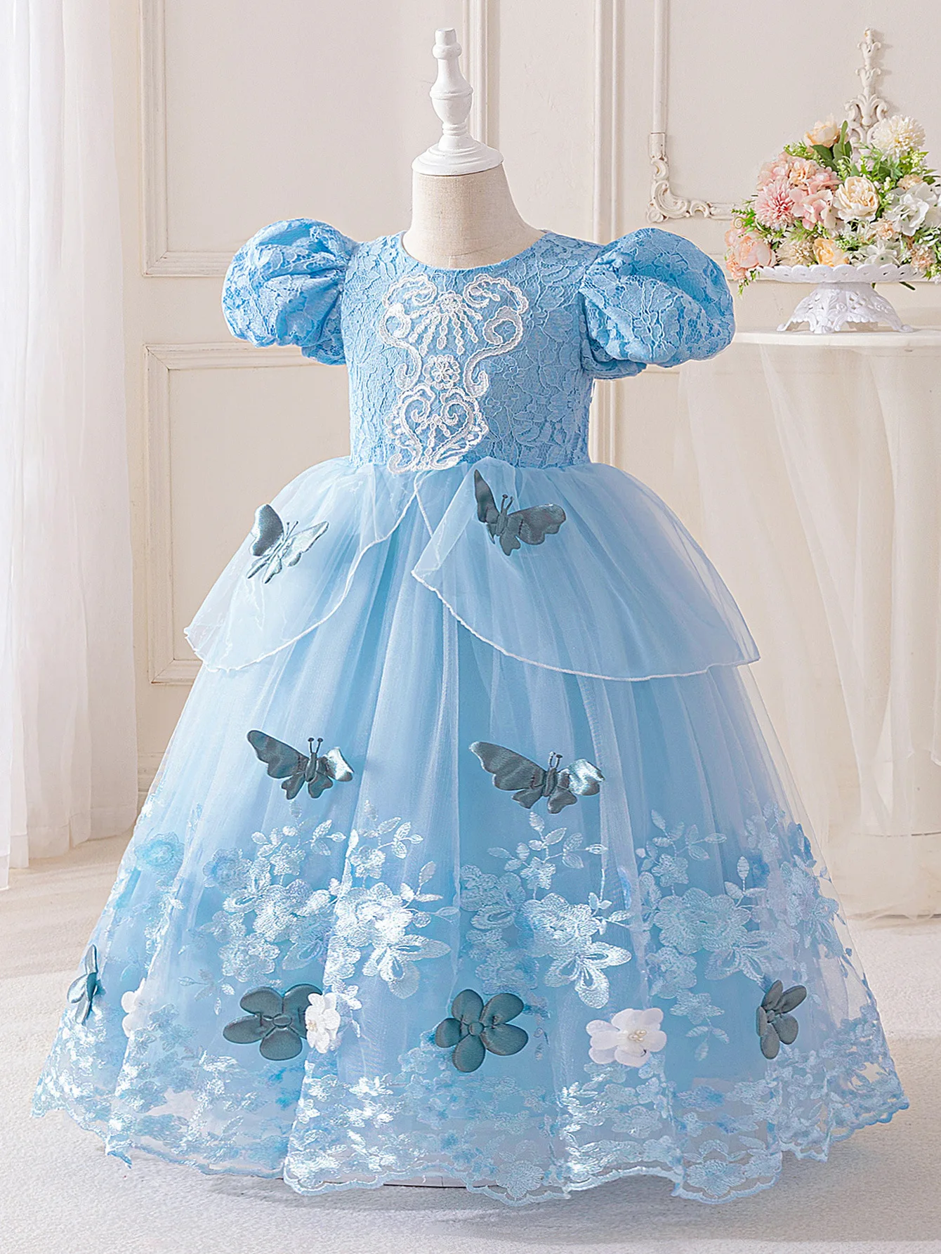 Little Girls Bubble Sleeve Princess Dress Fairy Tale World Princess Dress Butterfly Flower Embroidery Blue Cinderlla Dress ASQ03