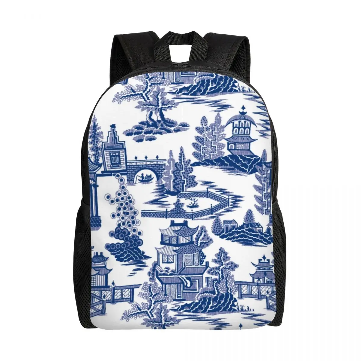 

Blue Willow Ancient Ming Porcelain Travel Backpack School Laptop Bookbag Chinoiserie Pattern College Student Daypack Bags