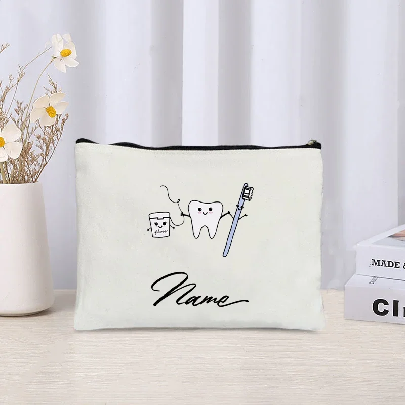 Bolsa de cosméticos con dibujos animados de dientes para mujer, estuche de lápices de viaje, bolsas de aseo de lona, bolsa de Golf, nombre personalizado, Kawaii