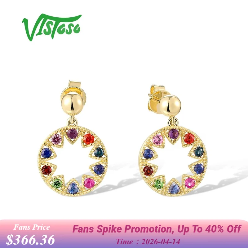 

VISTOSO Real 14K 585 Yellow Gold Earrings For Women Sparkling Colorful Gems Dangling Round Exquisite Party Gifts Fine Jewelry