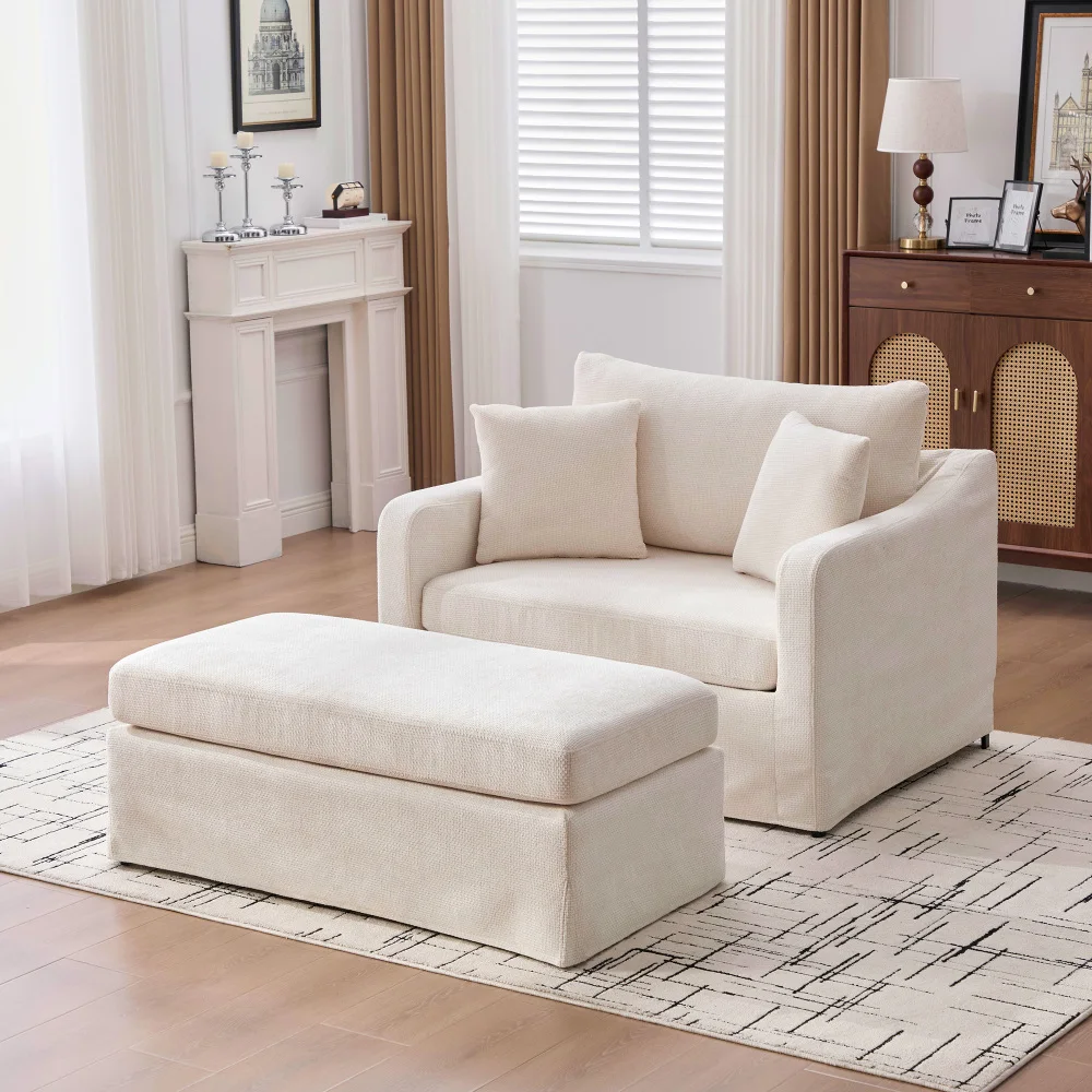 

"45.27'' Wide Modern Farmhouse Chair &46'' Chenille Ottoman with 2 Bolster Pillows, Beige"