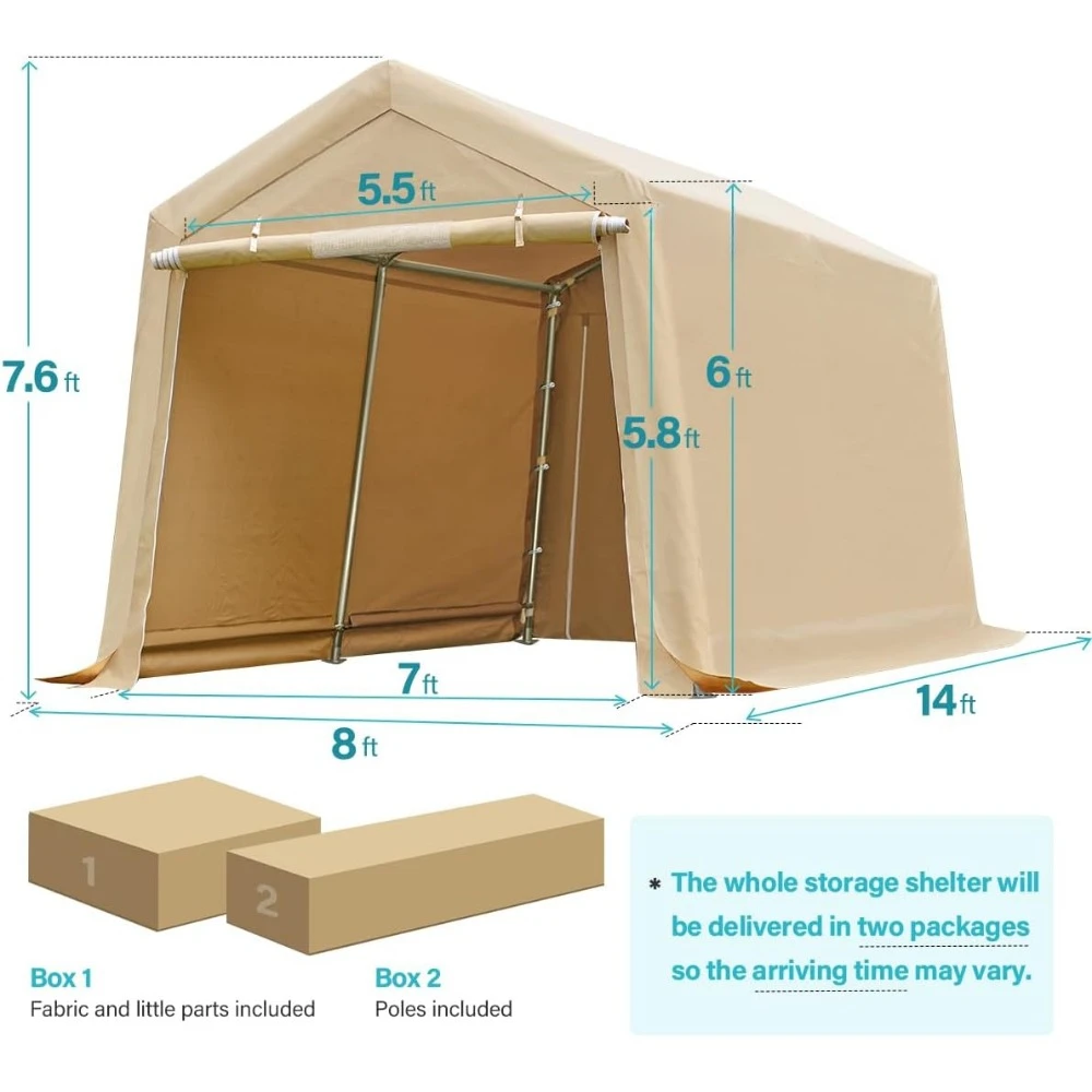 مرآب تخزين محمول مضاد للثلج على السطح للدراجات النارية أو أدوات الحدائق مع بابين وفتحات قابلة للطي، بيج
