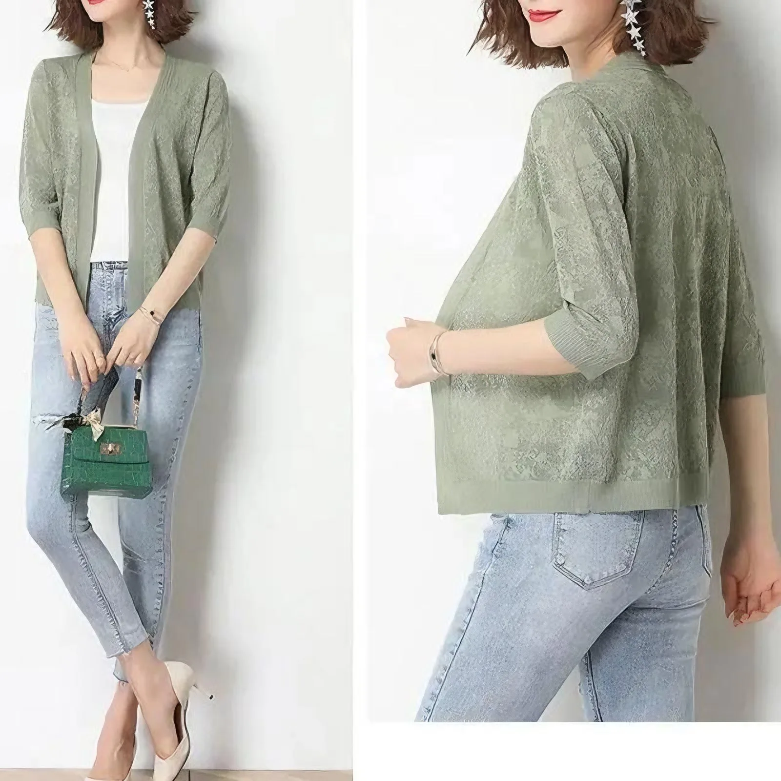 

Прозрачный женский укороченный вязаный кардиган с половиной рукава UPF 50+, лето 2023, ажурная легкая пляжная куртка со средним рукавом