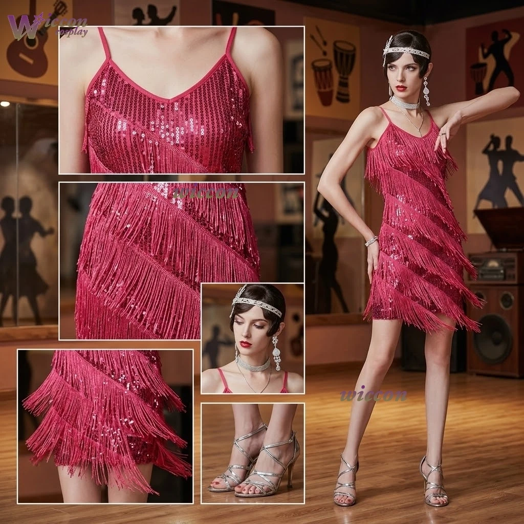 

Ani Cos Store Vintage spaghetti strap fringe dress V-neck sequin evening gown prom performance costume Latin stage performance