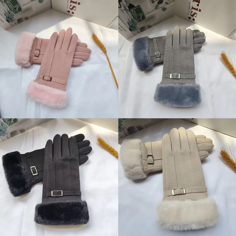 Autumn Winter Warm Suede Gloves Plus Velvet Thickened Plush Decor Cuff Gloves Outdoor Coldproof Touchscreen Riding Ski Gloves