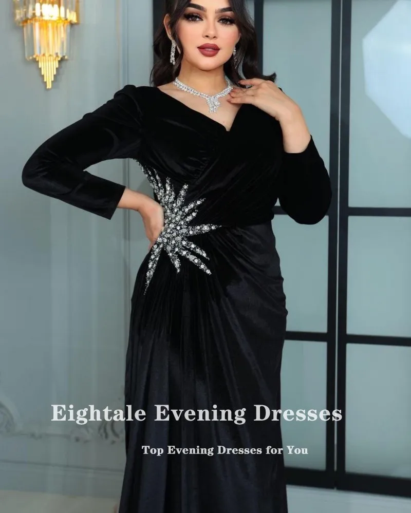 Eightale Velvet Evening Dresses with Feather Long Sleeves Side Slit Mermaid Prom Wedding Party Gown Customized Vestido De Fiesta