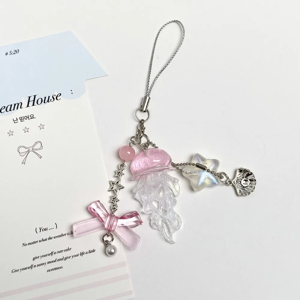 

Cute Starfish Mermaid Jellyfish Phone Charm Crystal Fishtail Bow Bead Phone Chain Keychain Pendant For Wallet Schoolbag