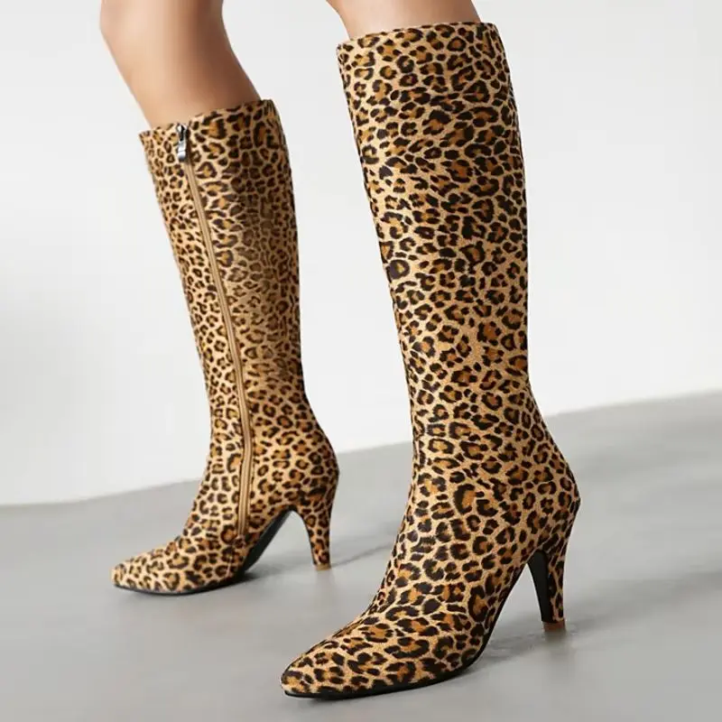 

Ковбойские сапоги в стиле вестерн для женщин, пикантные леопардовые коричневые, черные женские сапоги до колена, обувь с острым носком, вечерние длинные туфли, большой размер