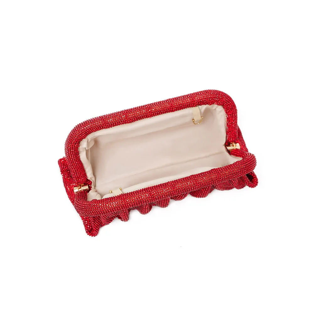 Red Aluminum Mesh Rhinestone Pleated Cloud Clutch Bag, Women Evening Purse with Detachable Chain, Multi-use Crossbody Shoulder B - view 6