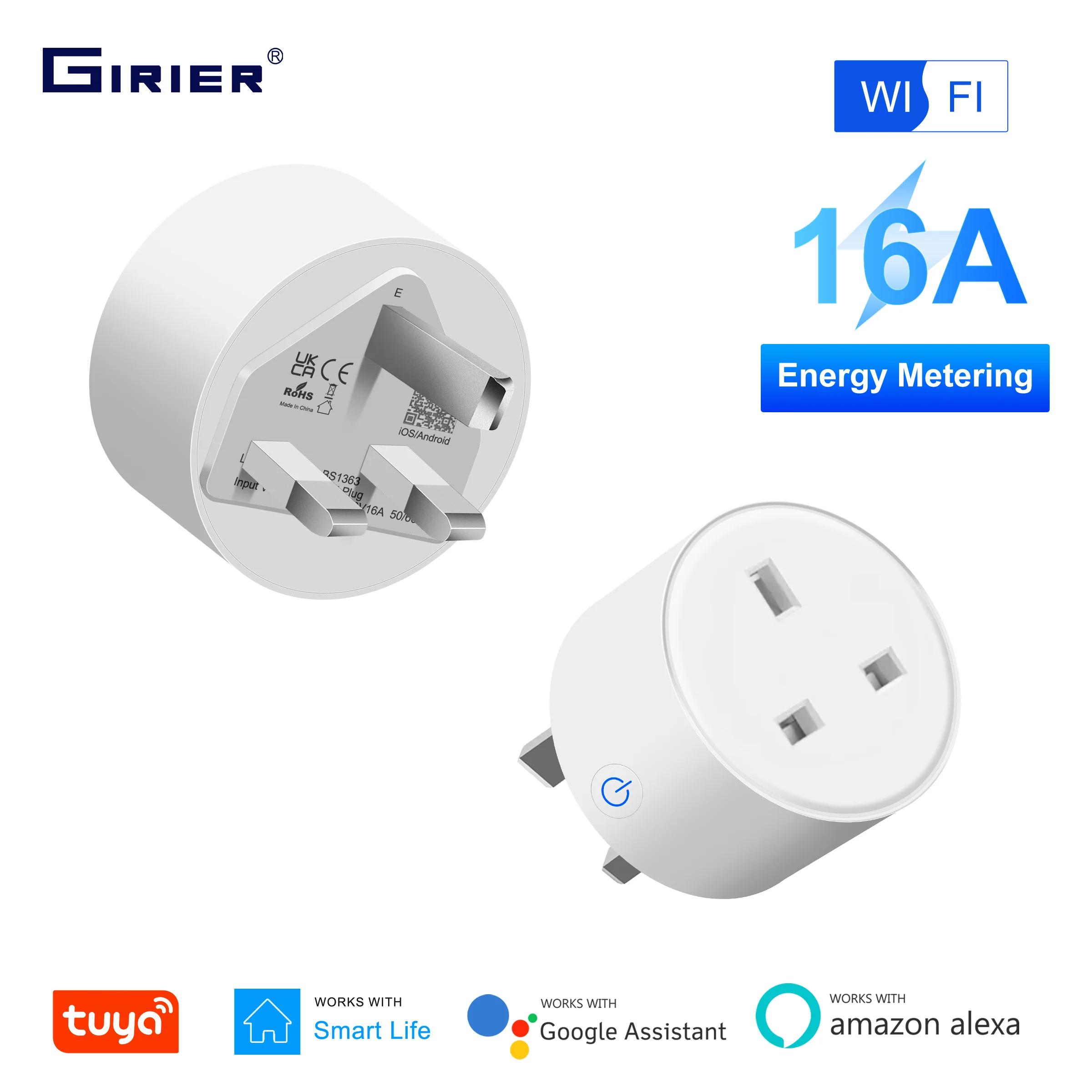 

GIRIER Tuya Smart Plug UK, WiFi Outlet Socket 16A with Energy Monitoring Function, Works with Alexa Hey Google, No Hub Required