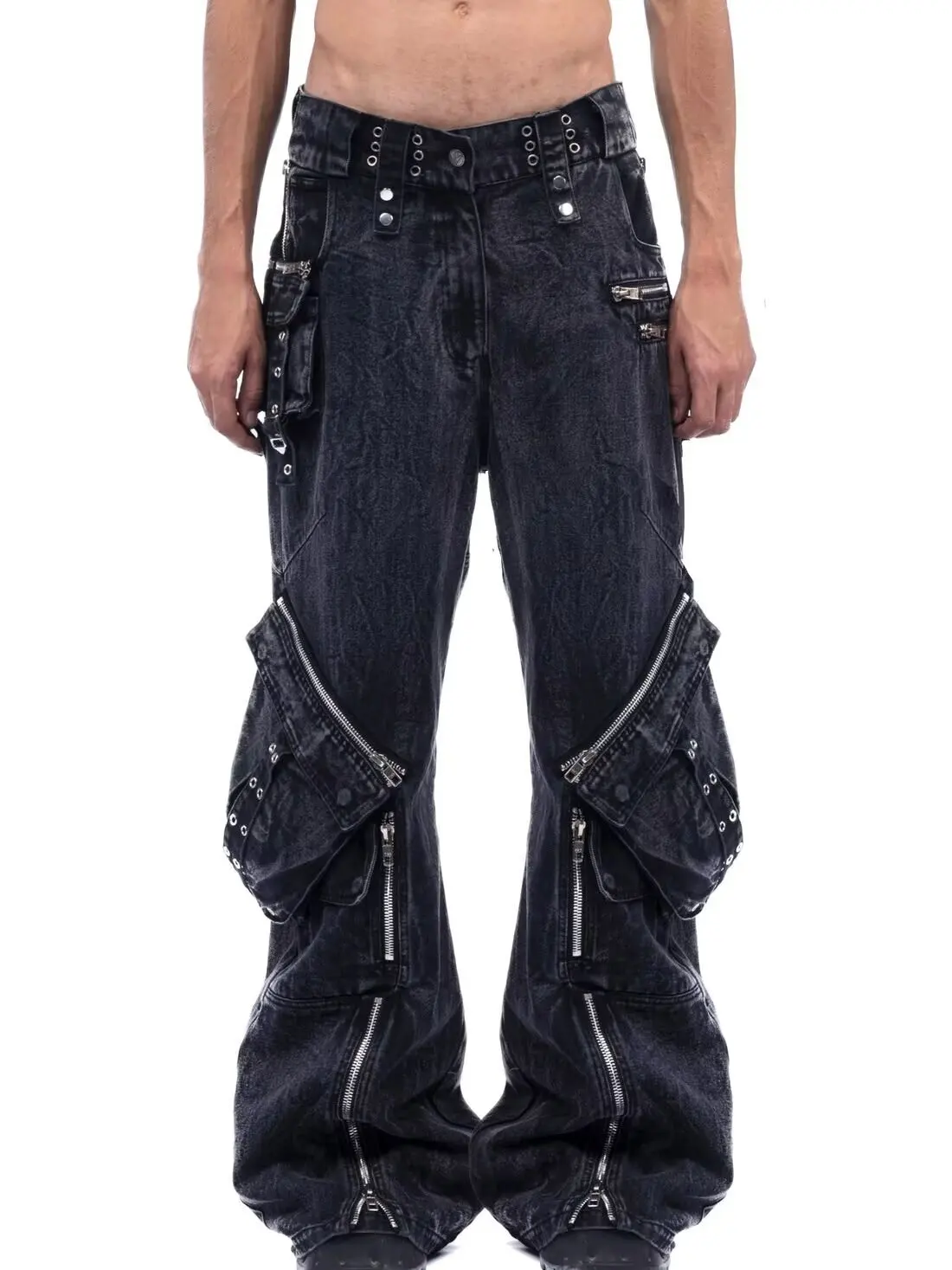 Y2K Black Gothic Punk Multi-Pocket Zipper Black Jeans Men And Women American Baggy Fashion Vintage Casual Loose Wide-Leg Jeans