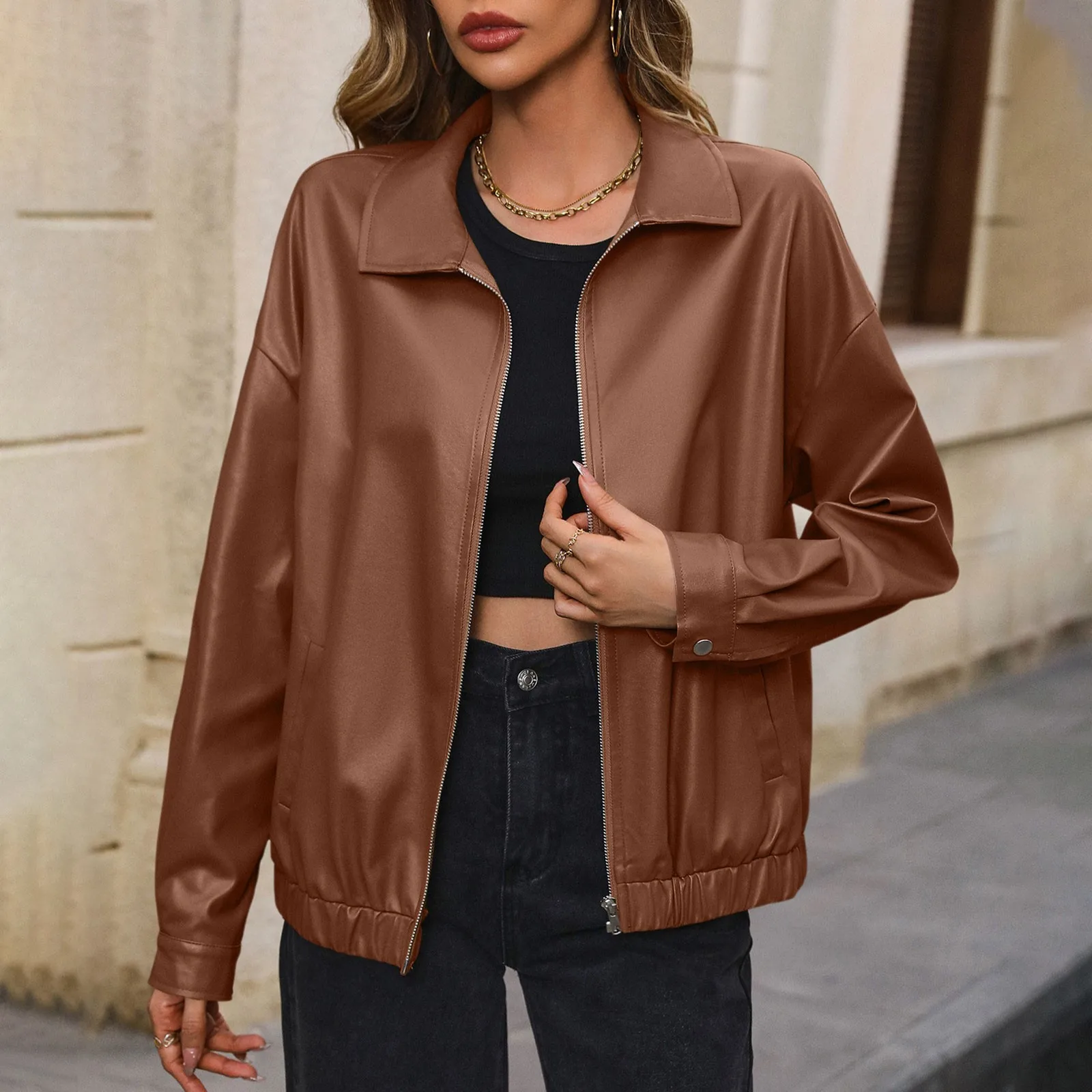 Korean Black Leather Jacket Women Winter Long Women's Moto Biker Zipper Jacket Streetwear Harajuku Y2K Loose Women's Coat 2024