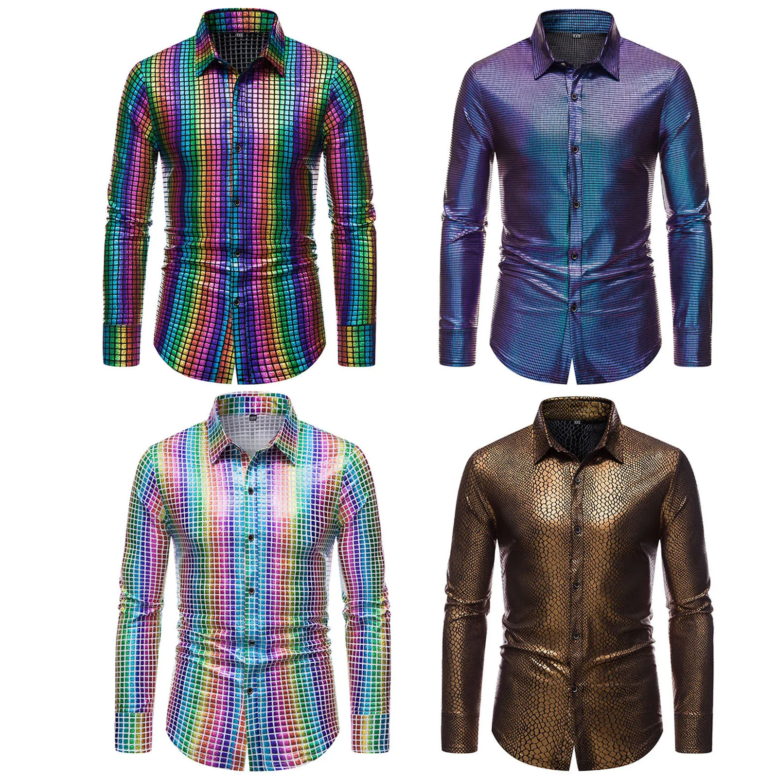 Mens laser Shirts Sequins shirt 70s Disco Party Tops Gold Silver Plaid Blouses Rainbow Print Long Sleeve lapel camisas de hombre