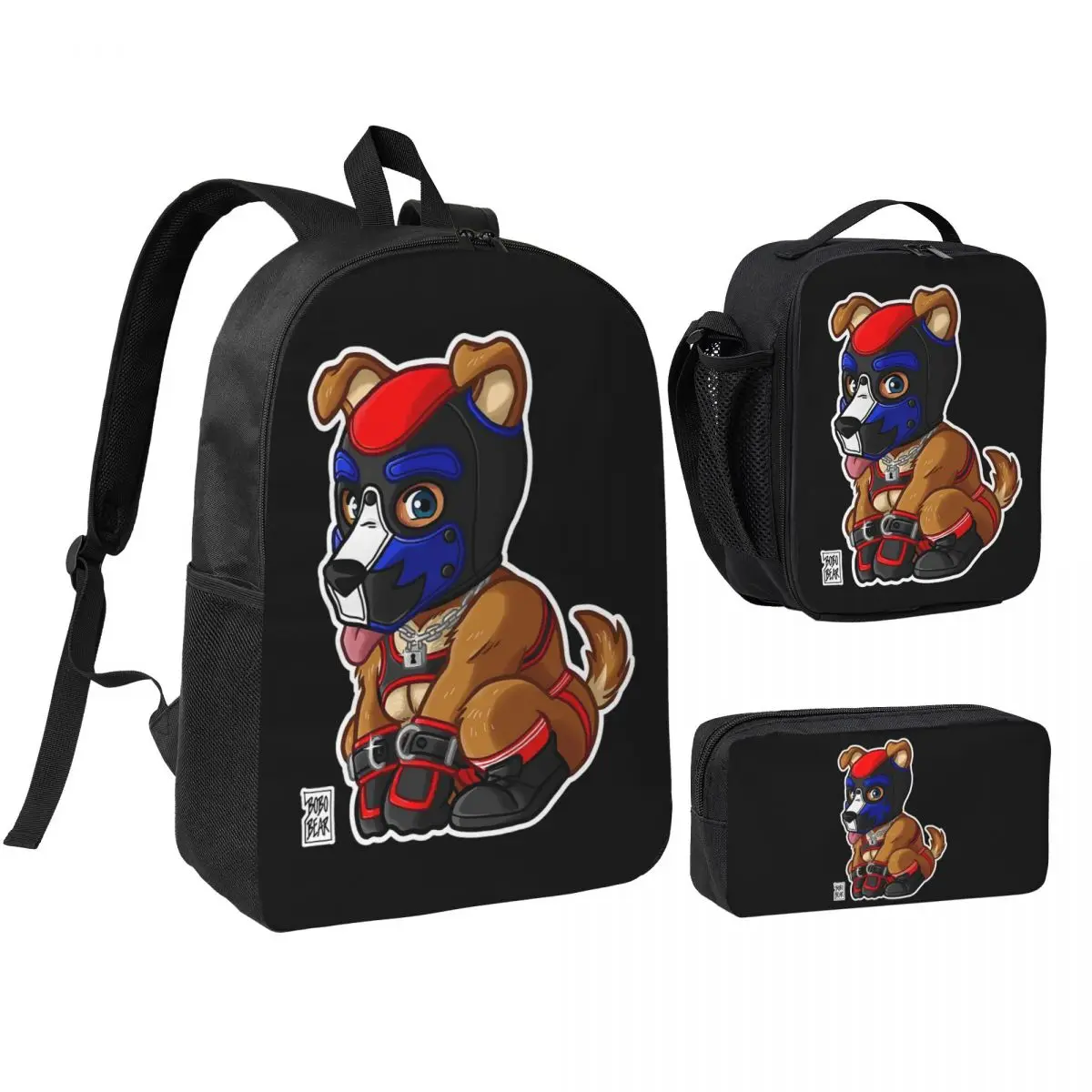 

PLAYFUL PUPPY - BLUE RED MASK - BEARZOO SERIES Backpack BookBag School Bag Shoulder Bags 3ps Insulated Lunch Bag Pencil Case