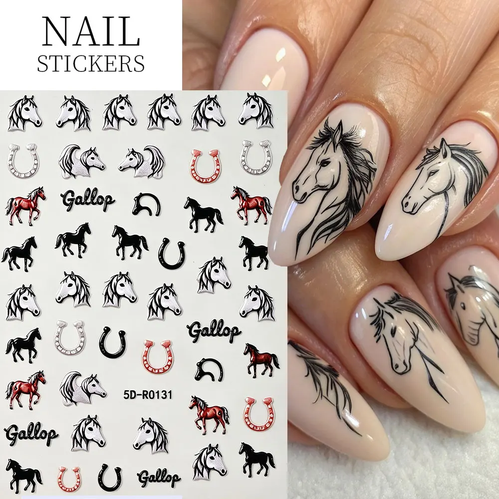 5D Embossed Horse Nail Stickers Western Cowboy Horse Head Horseshoe Gallop Letter Nail Decals Animal Horse DIY Manicure Decor
