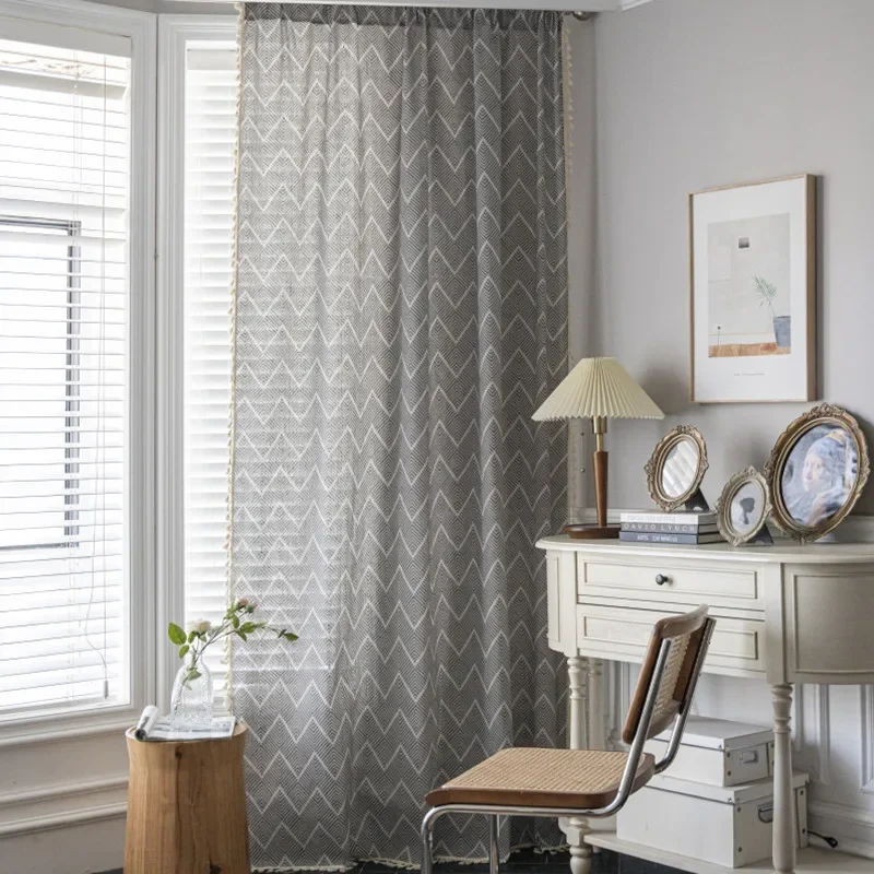 

Cotton Linen Grey Wave Pattern Home Window Curtain Thick Blackout Drapes Bay Window Curtains for The Living Kitchen Room