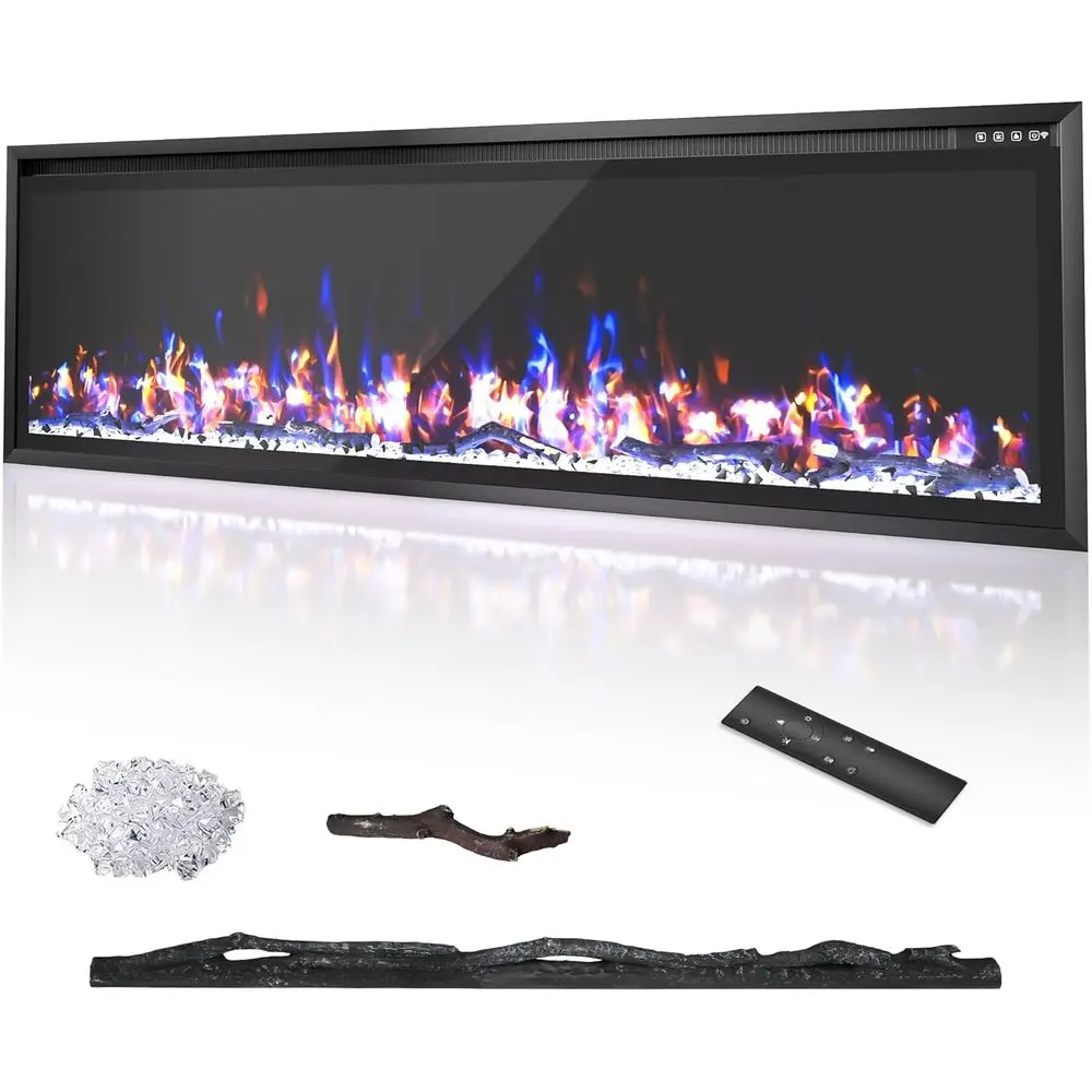 

60 Wall-Mounted Electric Fireplace Insert with Remote, Timer, Touch Controls, 12 Flame Colors, 750-1500W Heater for Living Room