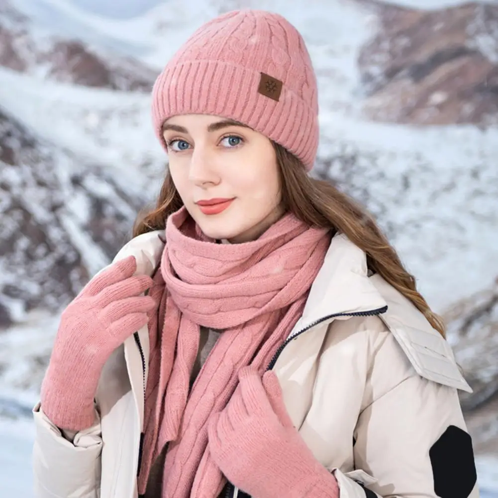 3 Pcs/Set Winter Hat Scarf Gloves Set Unisex Thick Warm Elastic Neck Head Hands Protection Cycling Cap Neck Warmer Gloves Set