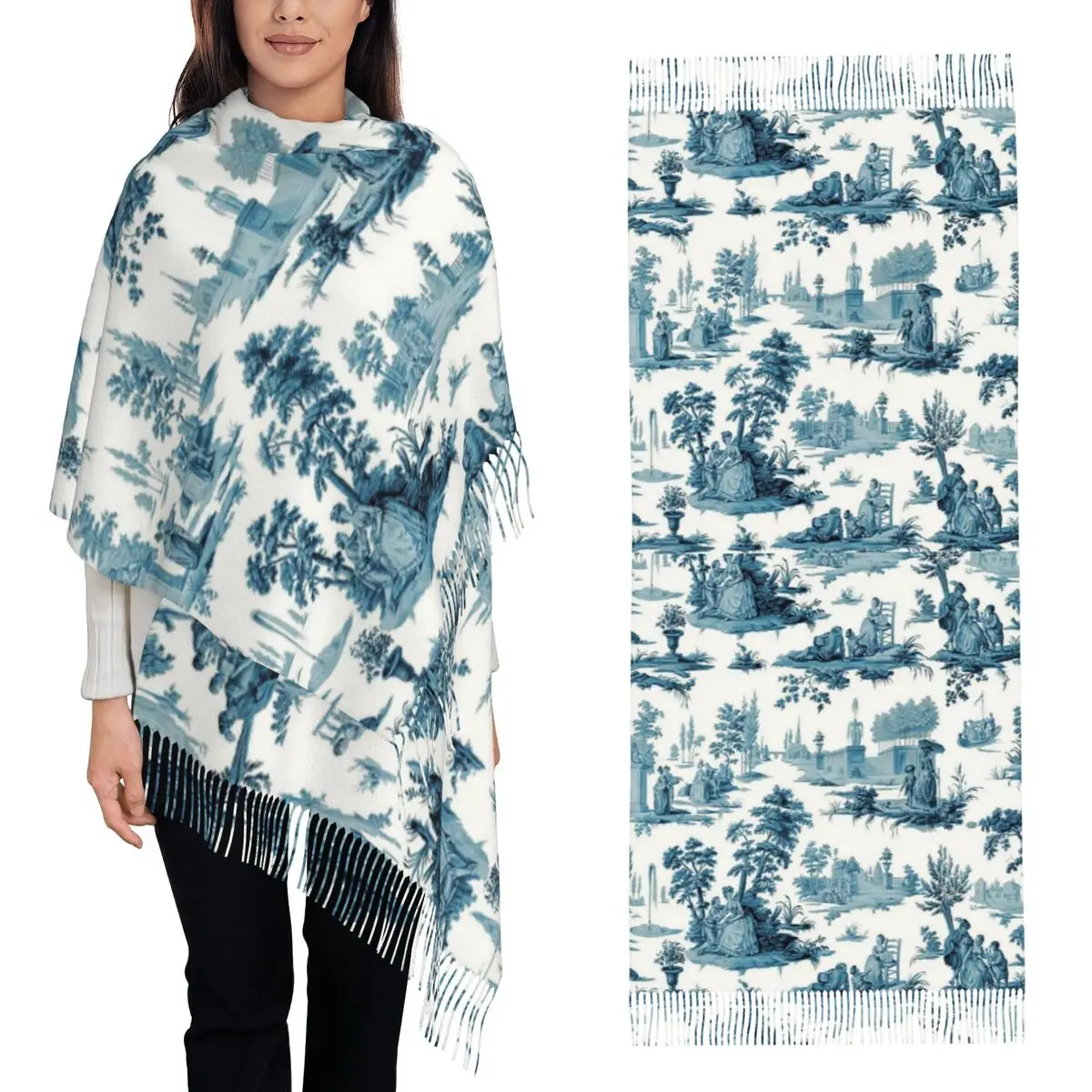 

Черно-белый Toile De Jouy Французские мотивы Цветочный шарф Шарфы с кисточками Женские теплые шали и накидки Длинная осенне-зимняя шаль