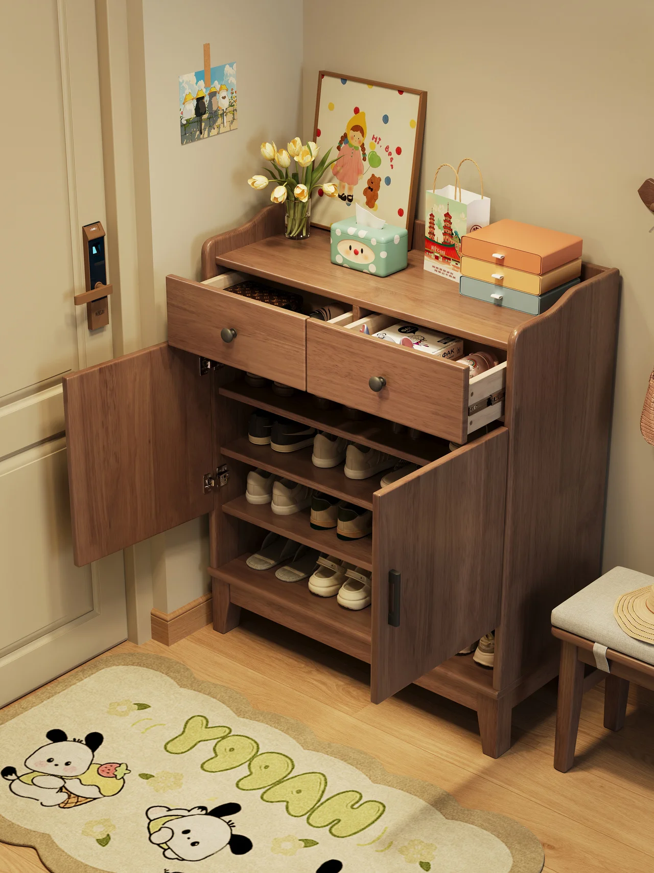 ￥%Solid Wood Entryway Shoe Cabinet with Open Shelf & Drawers - Multi-layer Storage Organizer