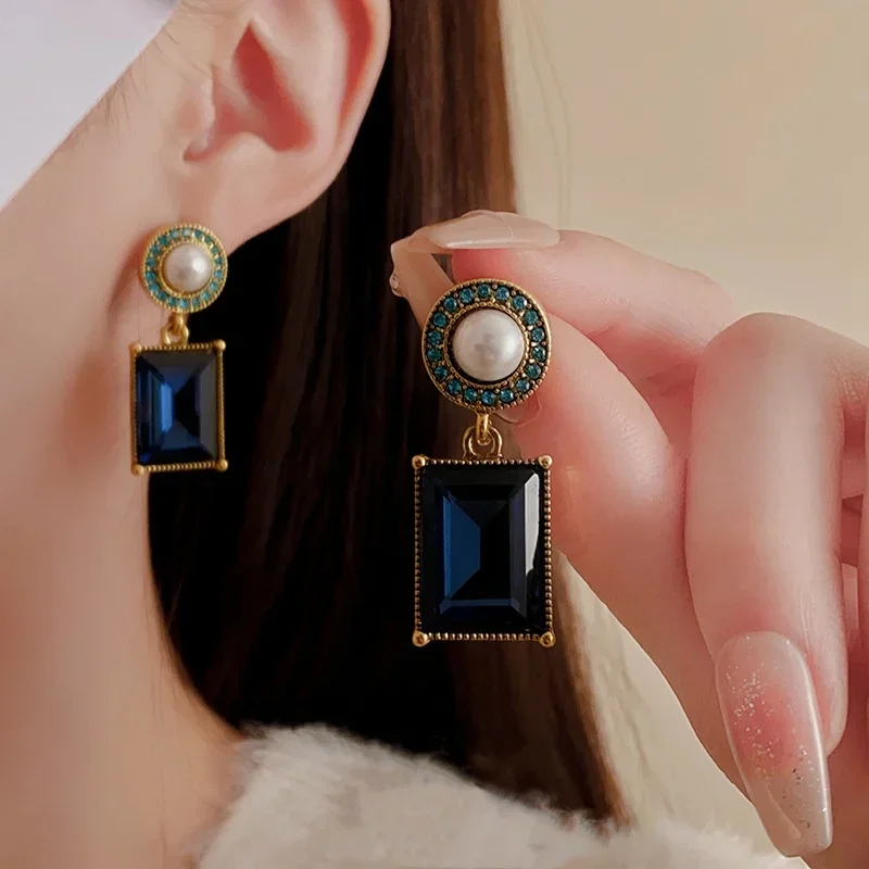 الأزرق الداكن حجر الراين مربع اللؤلؤ قلادة القرط للنساء القرون الوسطى خمر الترقوة سلسلة رائعة مجموعات مجوهرات البريق