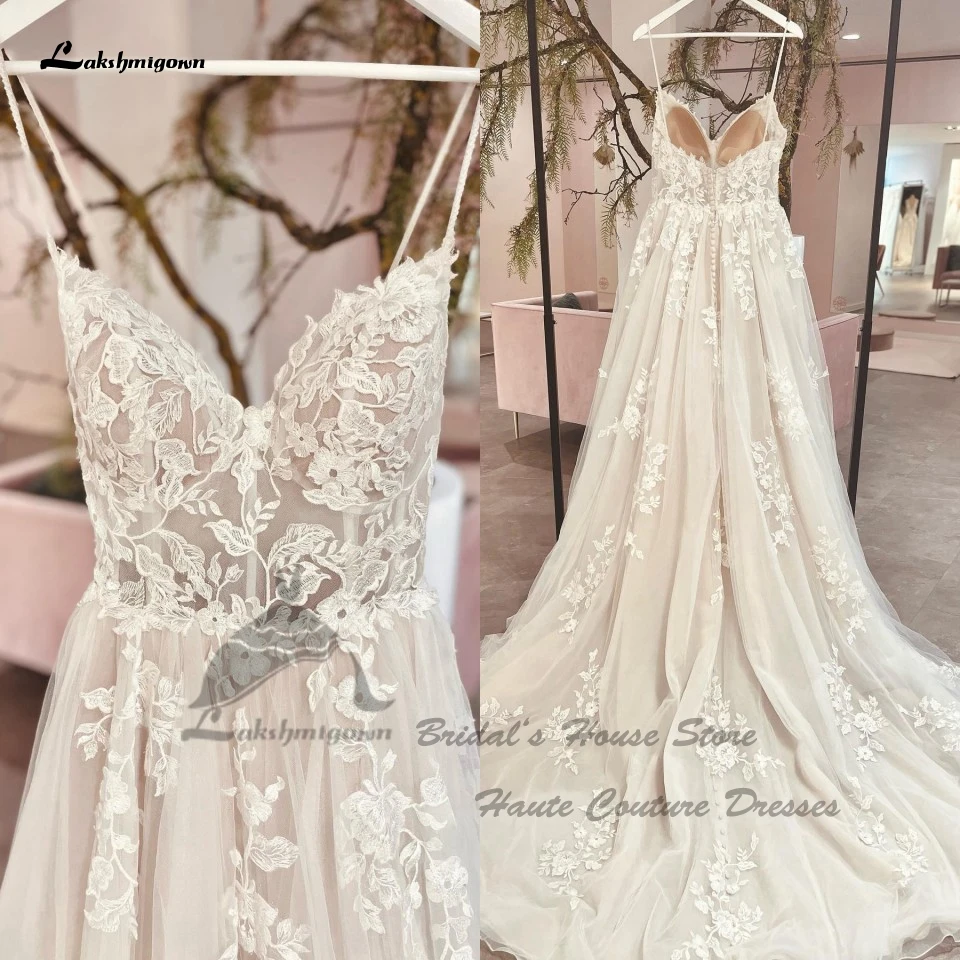 Lakshmigown Vintage A Line Beach abito da sposa in pizzo Applique Robe Mariage Femme 2023 Champagne Boho abiti da sposa Spaghetti Strap