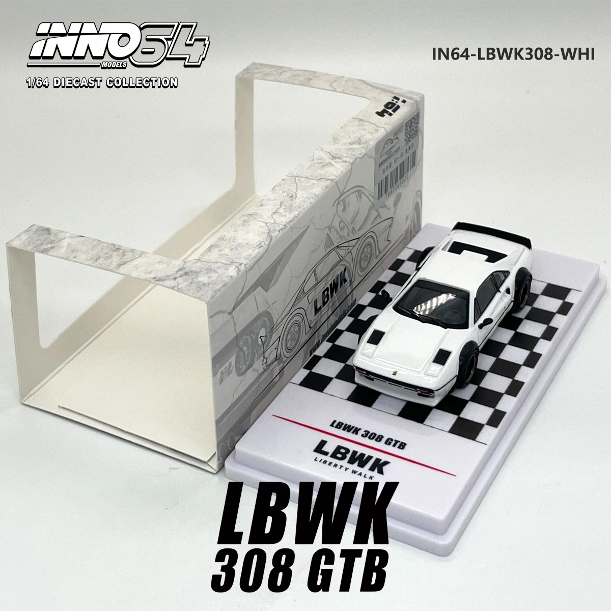 INNO64 1:64 308 GTB LBWK Liberty Walk White IN64-LBWK308-WHI Diecast Model Car with Display Base in Stock Ready To Ship