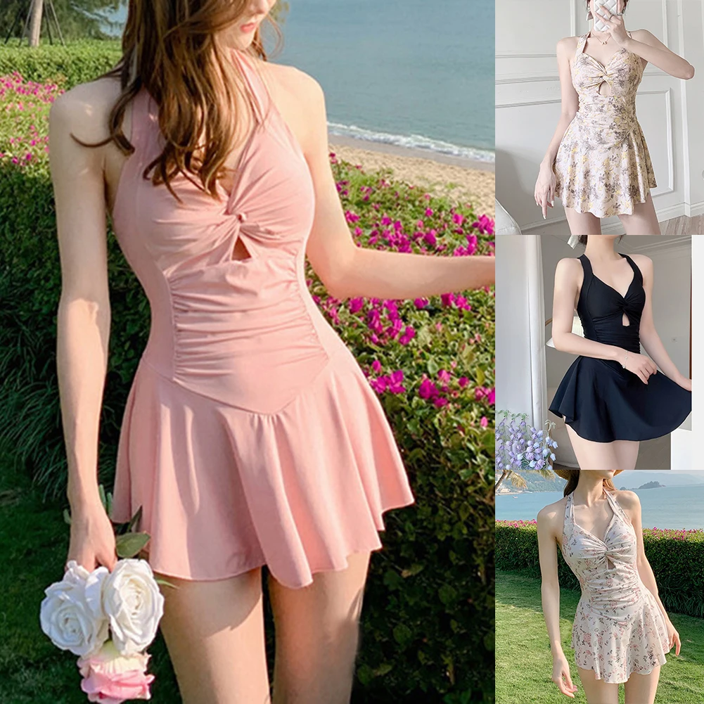 

Sweet Cute Swimwear Women Hanging Neck Flower Swimwears Beach Dress Swimsuit High Waist Bathing Suit For Girls
