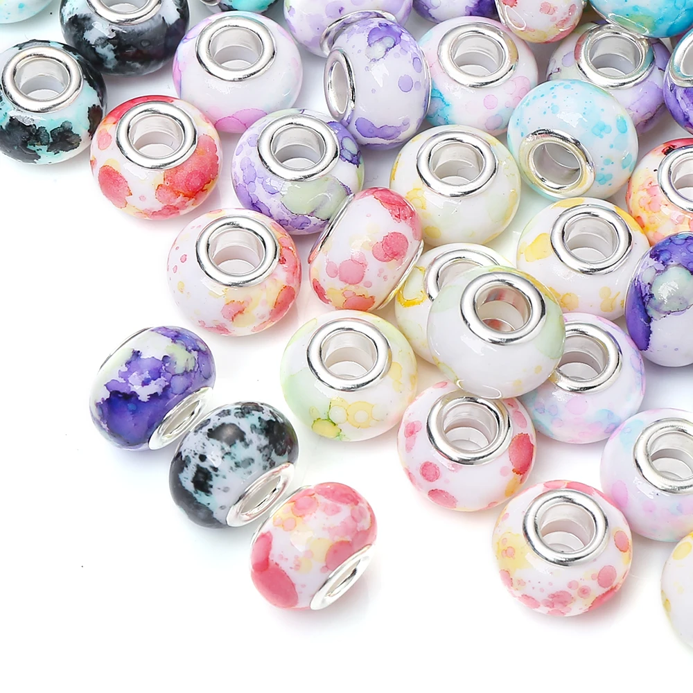 50Pcs Colorful Big Hole Acrylic Beads 14mm Round Flower Print Loose Bead Diy Bracelet Necklace Accessories for Jewelry Making