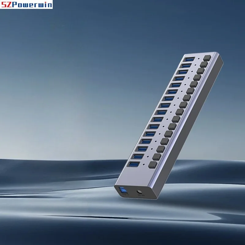 USB3.0 Hub الألومنيوم الصناعي 7-Port/10-Port/16-Port Splitter Split Switch مع محول الطاقة لأجهزة Macbook والهواتف المحمولة والأجهزة اللوحية