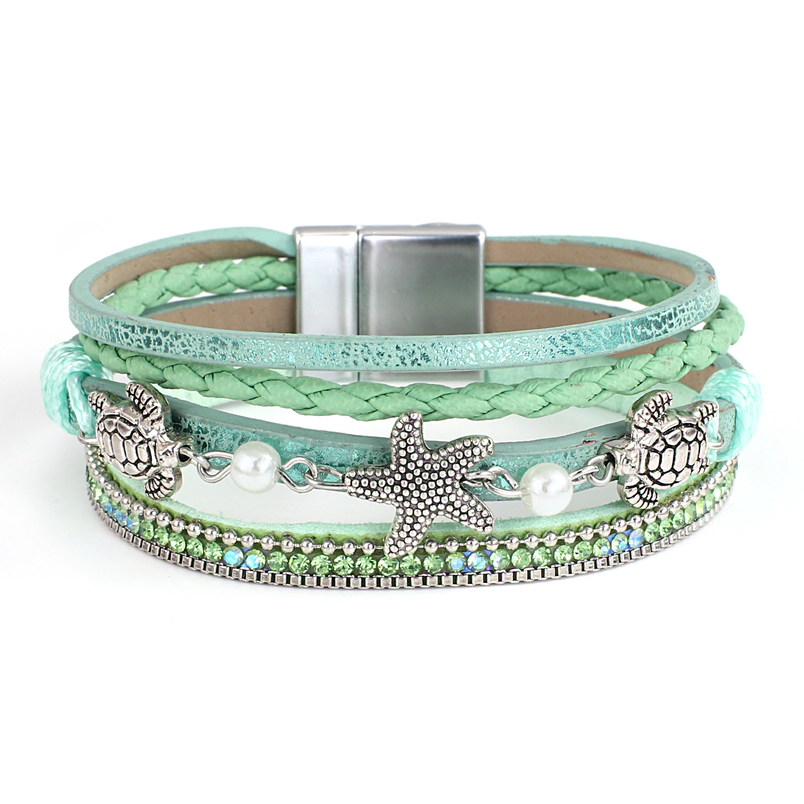 Greatera Sommer-Seestern-Muschel-Armreif für Damen, handgewebtes Leder, böhmisches Armband, klassischer mehrschichtiger Magnetschnallen-Schmuck