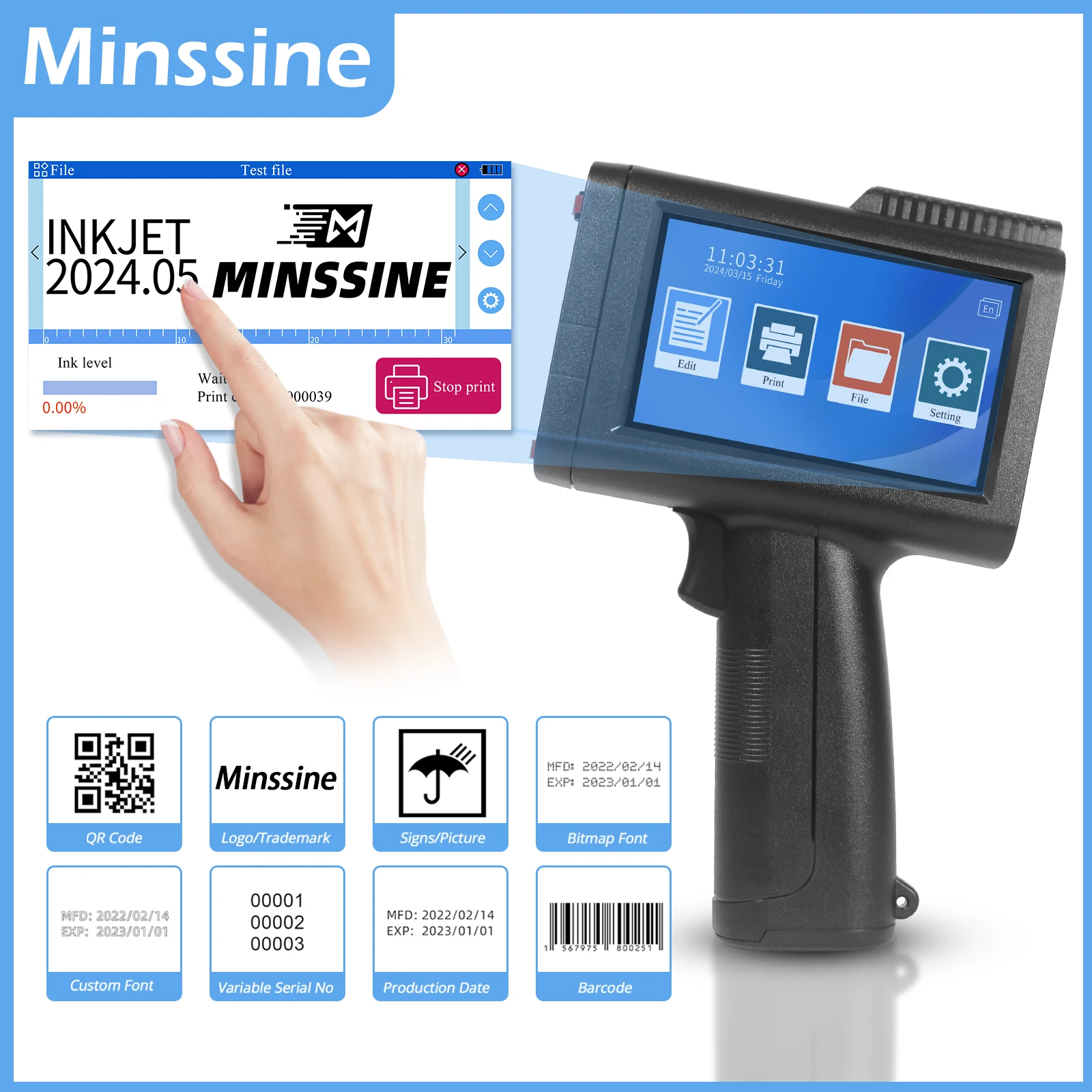 

Newest Prime 12.7mm Handheld Inkjet Printer Gun with Fast-Drying Ink for Text QR Barcode Batch Number Logo Date Coding Machine