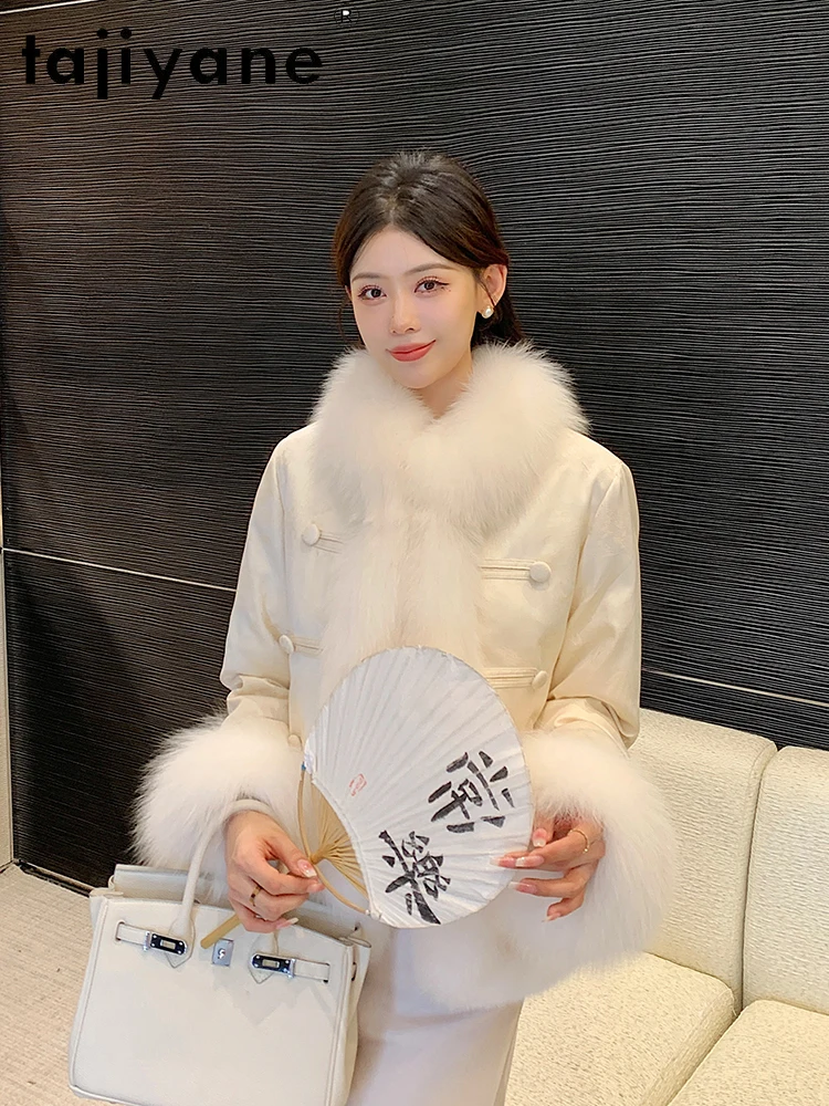 TAJIYANE التوت الحرير الثعلب الفراء سترة قصيرة المرأة أنيقة الأبيض أوزة أسفل معطف جديد النمط الصيني الشتاء ملابس حريمي 2025 روشوبا