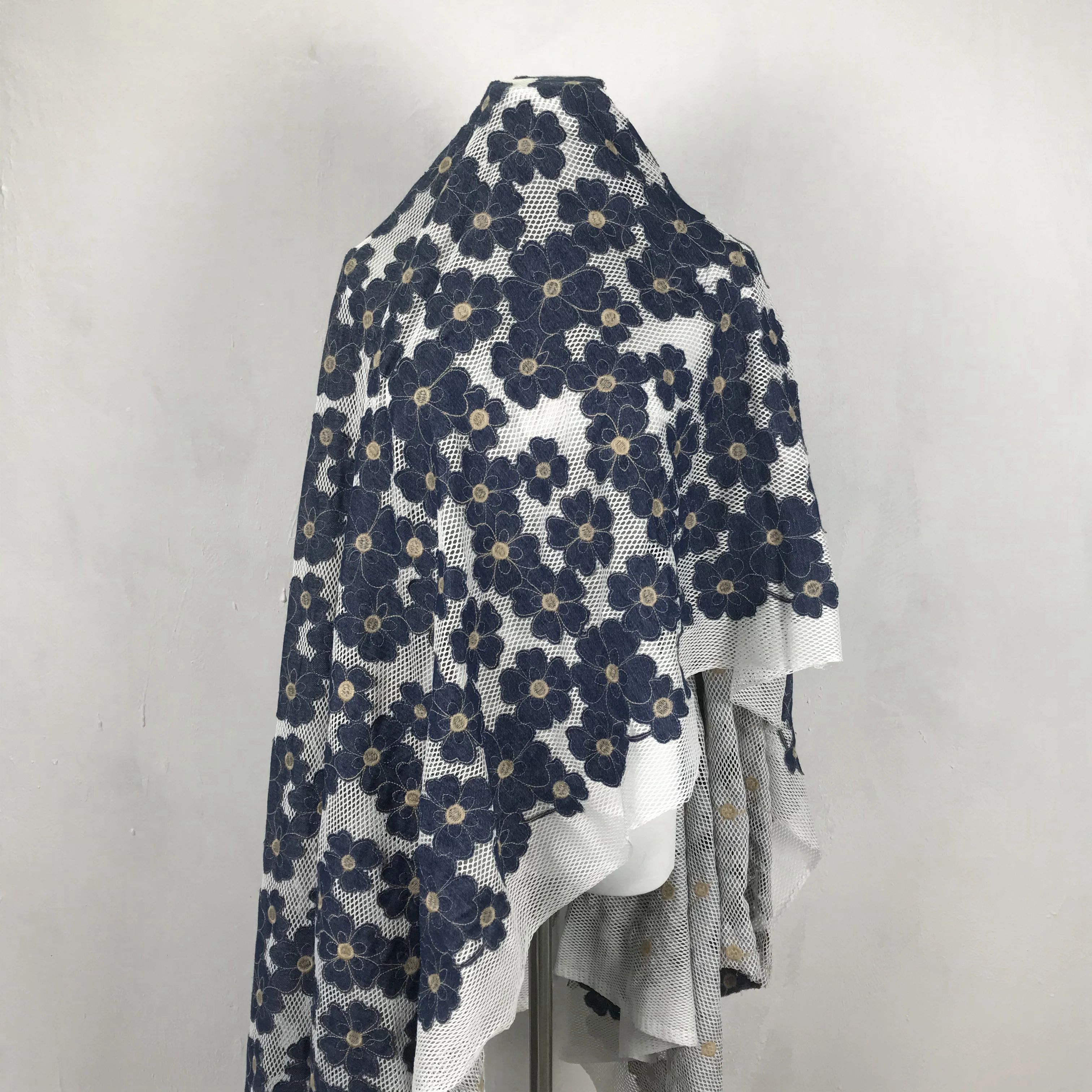 3M Good quality denim embroidered white thick mesh fabric DIY dress fashion fabric decoration X1005