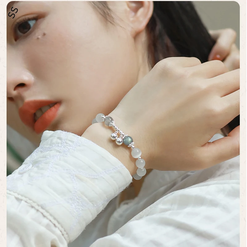 

Dropshipping White Opal Bracelet for Women S925 Silver Bell Ornament High-grade Crystal Bangles Hand Decoration Accessories