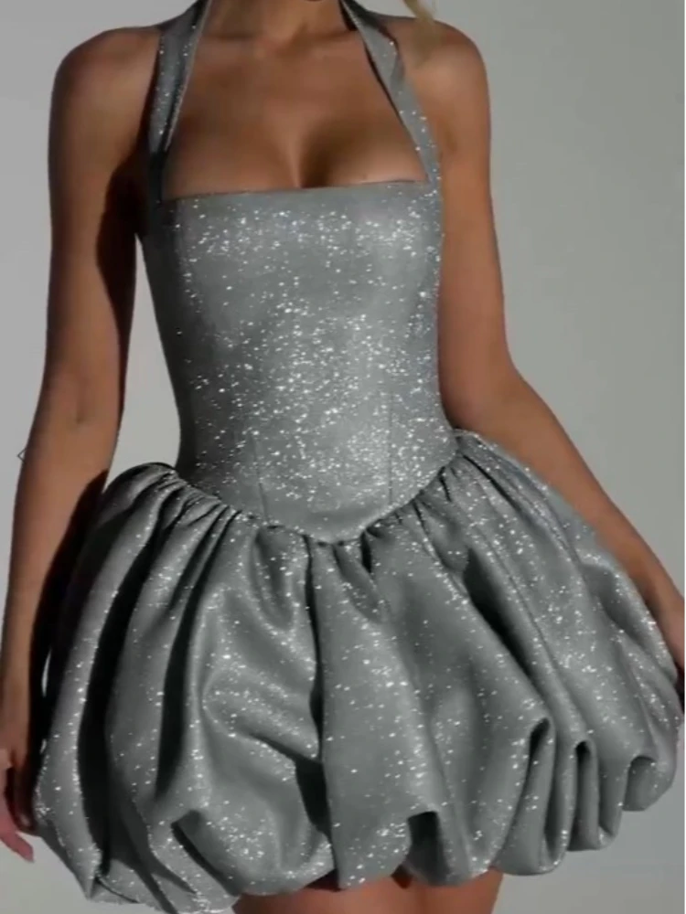 

Fashionable and elegant banquet slim fit fluffy skirt, women's summer temperament, hanging neck tie bow jumpsuit, short skirt