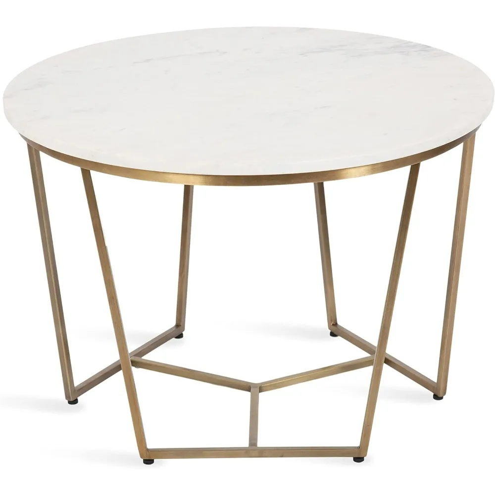 

Mid-Century Round Coffee Table for Living Room with Metal Geometric Base and Mixed Materials Design, Modern Glam Table, Gold