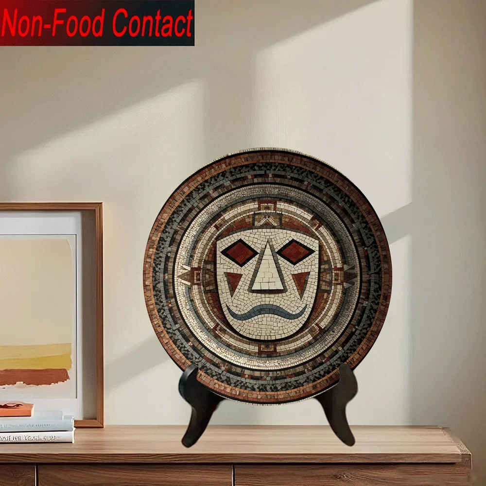 1pc Aztec-Inspired Ceramic Decorative Plate - Non-Food Contact, Vibrant Tribal Mask Design, Perfect for Home, Office, or Gift,