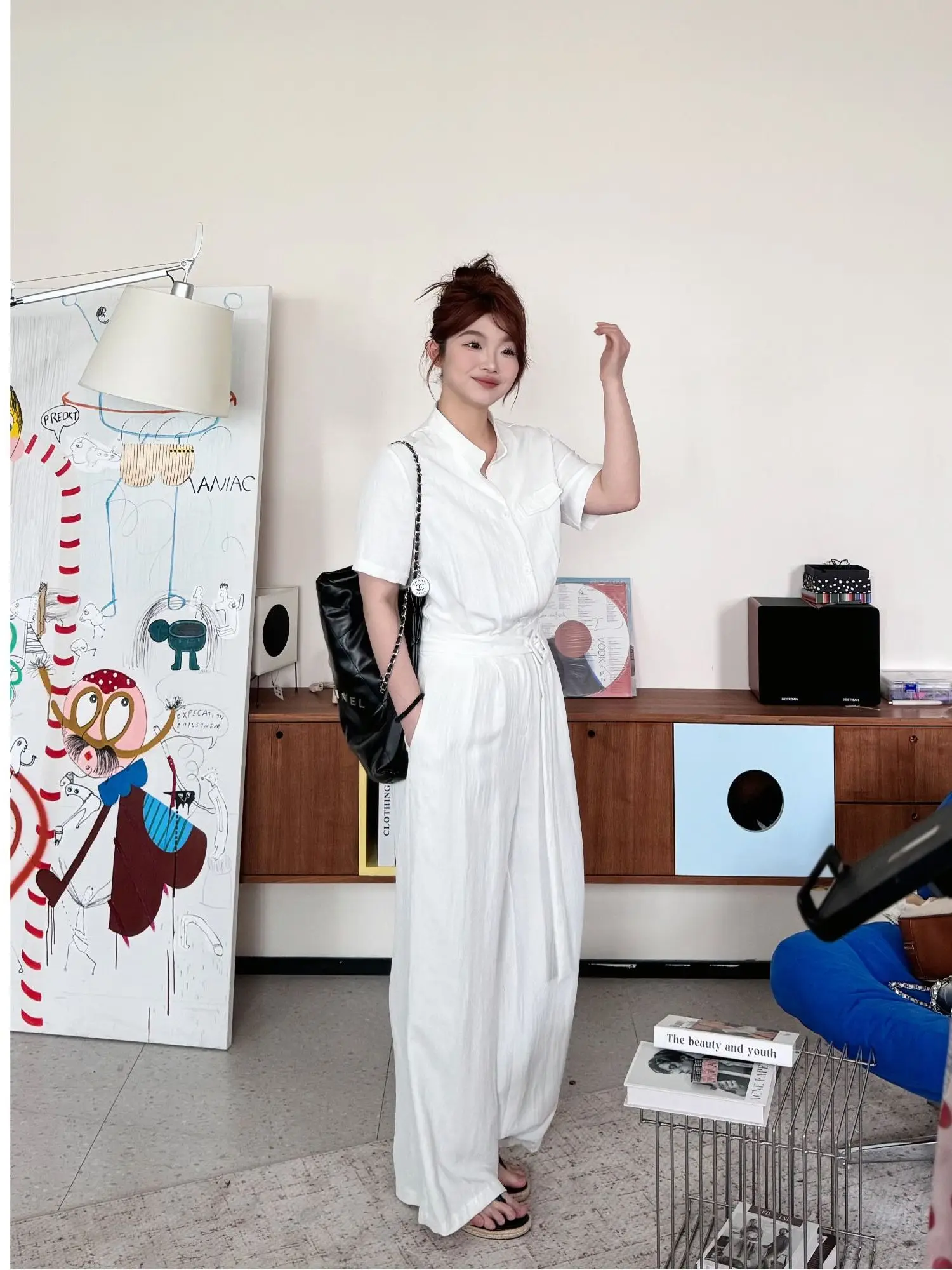 

JINGU High Waist ort Sve Jumpsuit Pure Color Belted Sensation High Faion Women's Summer Straight Leg Jumpsuit